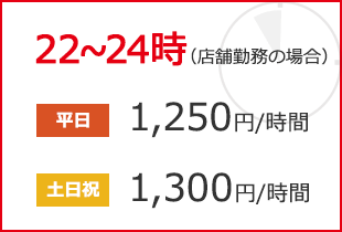 22~24時(店舗勤務の場合) 平日:1,150円/時間 土日祝:1,200円/時間